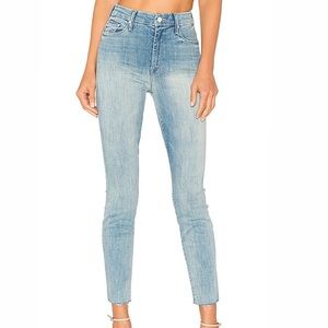 MOTHER blue high rise stretchy straight legged jeans with frayed bottoms